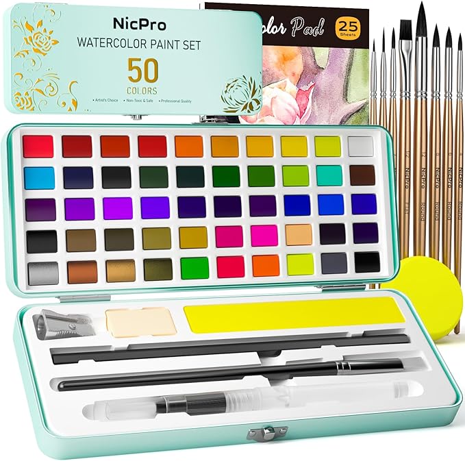 Nicpro 50 Colors Watercolor Paint Set, Include Metallic & Fluorescent Color, 8 Squirrel Painting Brushes, 25 Water Color Paper & Palette, Art Supplies Kit for Artist Adult Kid Beginner with Gift Box