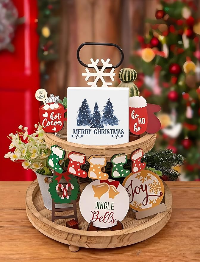 Navy Blue Christmas Tree Wooden Box Sign, Blue Christmas Decor, Farmhouse Merry Xmas Tree Winter Holiday Wood Signs for Home Office Desk Shelf Tabletop Decor, 5x5 Inch Decorative Signage