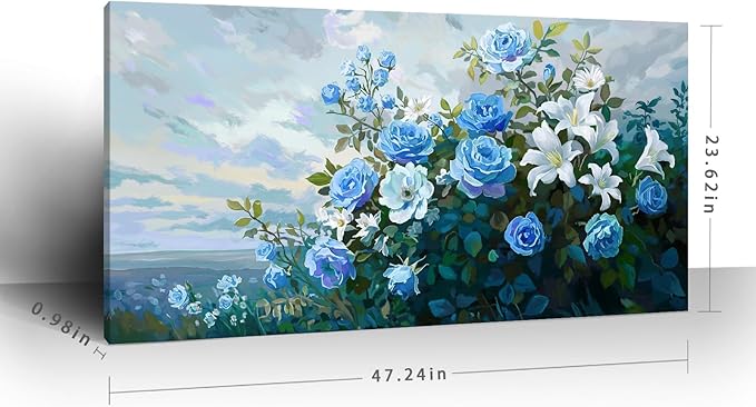 Nicetop Large Floral Canvas Wall Art - Modern Botanical Artwork Abstract Blue Rose White Lily Flower Bouquet Art Prints on Wrapped Canvas Nature Picture for Living Room Bedroom Home Decor 48x24 Inch