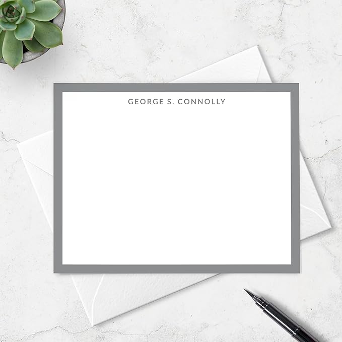Personalized Note Cards Stationery for Men with Name and Border - Custom Stationary Set with Envelopes - Flat A2 Custom Notecards, Choose Your Colors and Set Size (Solid Color Border)