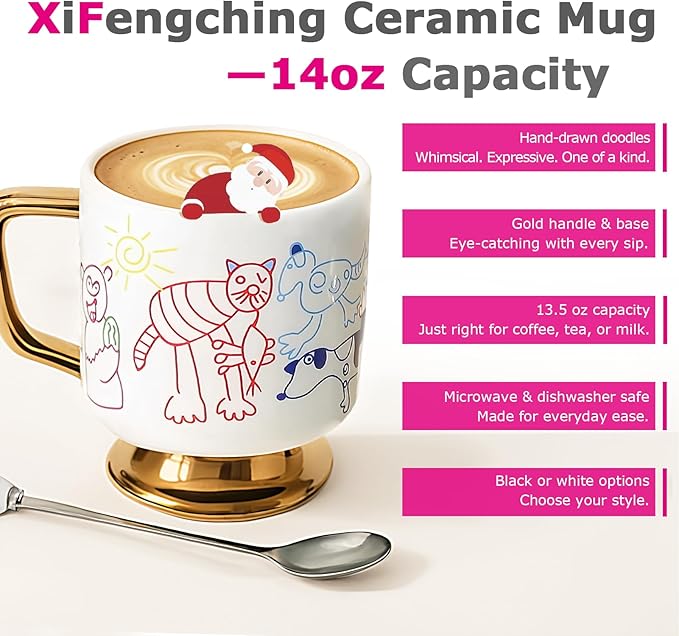 Christmas Mugs Whimsical Animal Ceramic fun Coffee Mug – 14oz Childlike Hand-Drawn Cat, Dog & Bear Design – Cute gothic Coffee Cup Gift for Women, Girls, Kids (white)