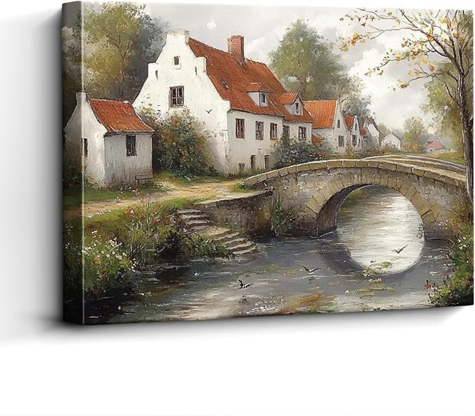 WOXZQ Rustic Countryside Bridge Wall Art – 15x12 Inch Vintage European Village Landscape Print – Frameless Laminated Paper – Hanging & Tabletop Display