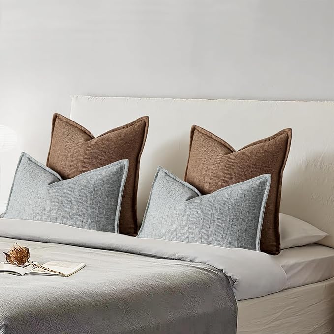 16x16 Linen Pillow Covers Brown Pack of 2 Farmhouse Boho Neutral Accents Striped Textured Square Decorative Throw Pillow Cases for Living Room Couch Bed Home Decor