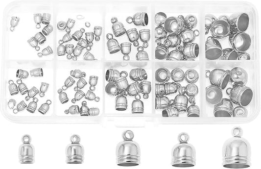 Mandala Crafts Silver Tone Leather Cord End Caps for Jewelry Making, Tassel Caps, 5mm to 9mm 100 PCs Bell Cord Ends, Kumihimo Supplies and Jewelry Findings