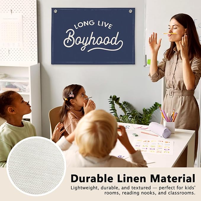 Navy Blue Long Live Boyhood Boys Room Decor - Linen Banner Wall Hanging Canvas Banner Flag Decor for Toddler Boy Bedroom Nursery Playroom
