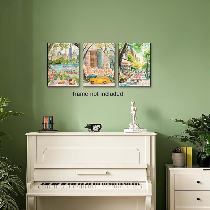 XLARTMY New York City Poster Travel Wall Art Canvas Framed Watercolor NYC Central Park Landmarks Artwork Decor Painting Prints Pictures Set of 3 for Bedroom Living Room Office 12x16in Unframed