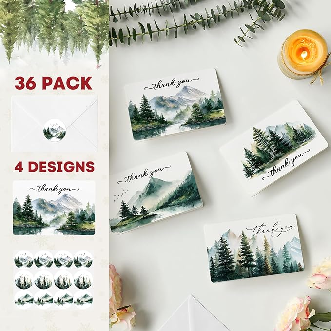 Artoid Mode 36 Pack Bird Tree Mountain Forest Thank You Cards Gift With Envelope Sticker Blank Note Greeting Cards, 4 x 6 Inch