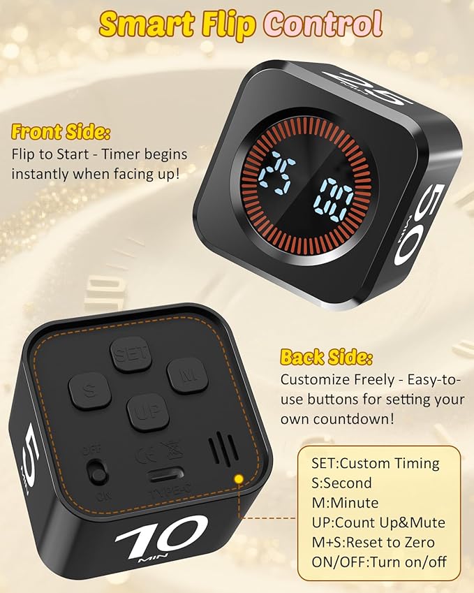 Digital Pomodoro Timer Cube 5/10/25/50min, Visual Productivity Flip Timer for Kids Classroom Desk, Custom Countdown, Silent and Sound Mode for ADHD Study Work Game Kitche(Black)