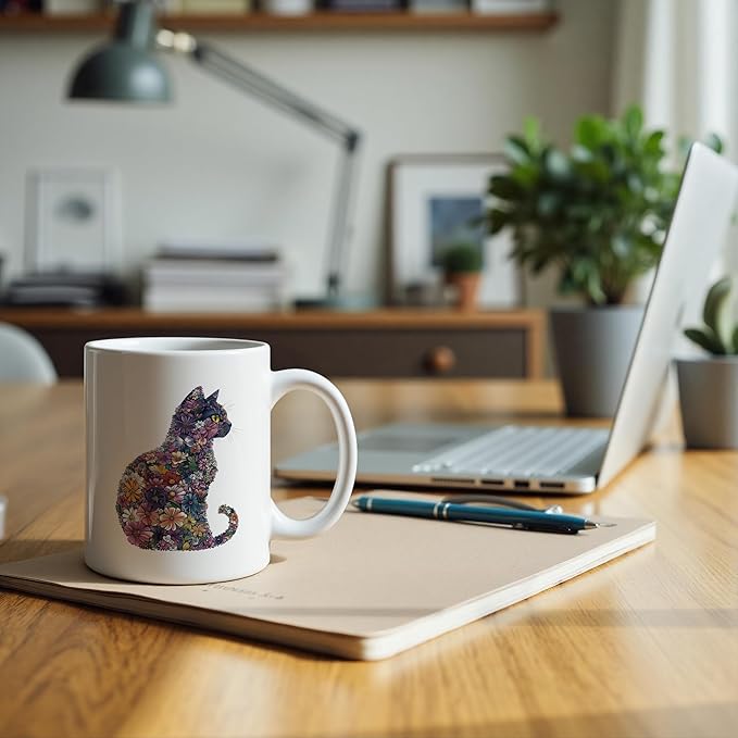 Wildflower Cat Mug 11 oz, Cat Lover Gifts for Women, Cats Mom Lady Gifts Coffee Cups Ceramic, Aesthetic Kitten Ceramic Mug for Coffee Tea Hot Cocoa Home Office Work