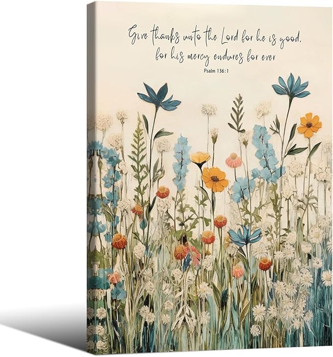 Religious Christian Wildflower Wall Art Bible Verse Scripture Poster Vintage Botanical Canvas Prints 24X36 inch Framed for Apartment Bedroom Gallery Wall Decor