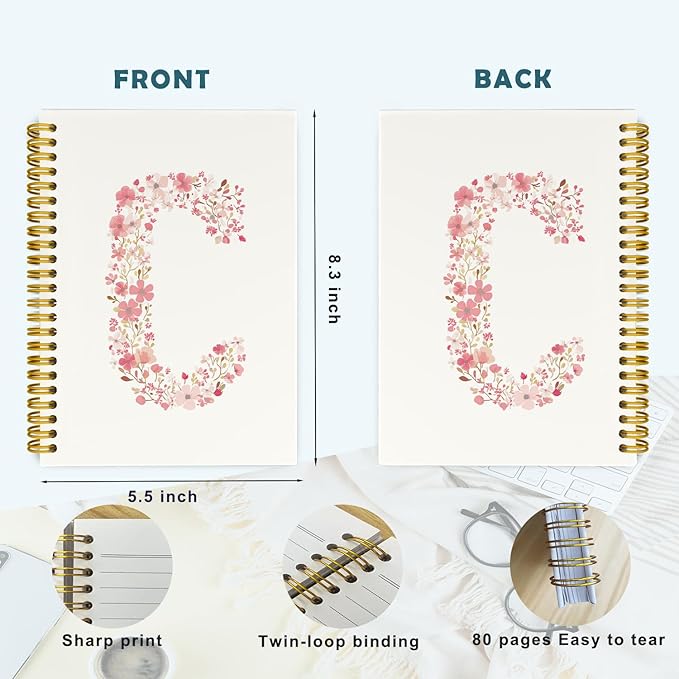 Pink Cute Spiral Notebook Journal, Preppy Floral Initial Letter C Personalized Journaling Notebooks, Monogrammed Gifts for Women Girls, Botanical Hardcover Spiral Lined Notebook 5.5 x 8.3