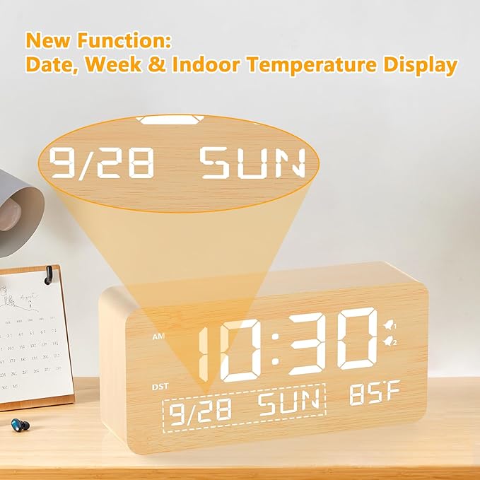 Wooden Digital Alarm Clock for Bedroom -Desk Clock with Date, Day of Week, Temperature, Dual Alarms, Dimmer, USB Port Charge, DST, Adjustable Volume for Living Room/Office Wood Decor (Bamboo)