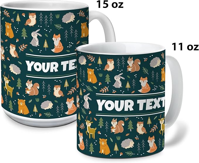 Personalized Mug for Kids - Woodland Animals - Custom Name/Text, Ceramic Hot Chocolate/Cocoa/Coffee Cup for Boys/Girls, Birthday/Christmas/Holiday Gift - 11 oz, Pink Handle