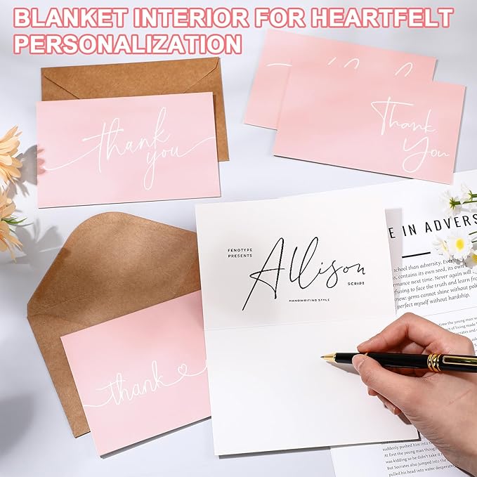 Teling 200 Set Thank You Cards with Envelopes Bulk, 6 x 4 Inch Blank Thank U Greeting Notes with Brown Kraft Envelopes Stickers Thankyou Card Set for Graduation Wedding Birthday Baby Shower(Pink)