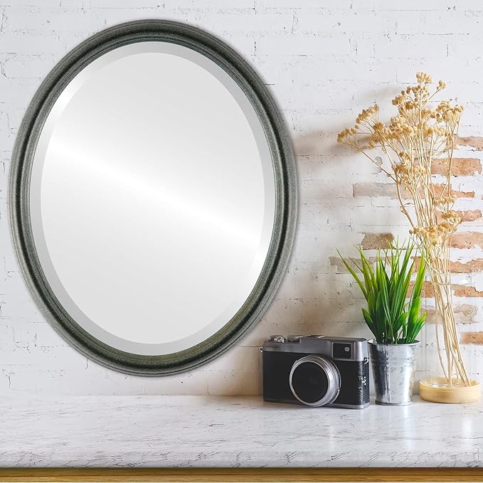 OVALCREST Oval Beveled Wall Mirror for Home Decor - Saratoga Style - Black Silver - 18x22 Outside Dimensions