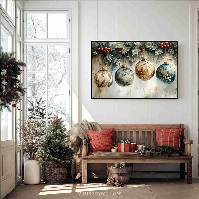 Christmas Ornament Balls Holiday Ball Decor Festive Print Vintage Christmas Canvas Wall Art Hanging Poster Vintage Holiday Print Indoor Decor for Home Offices Living Room Bedroom Framed Ready to Hang