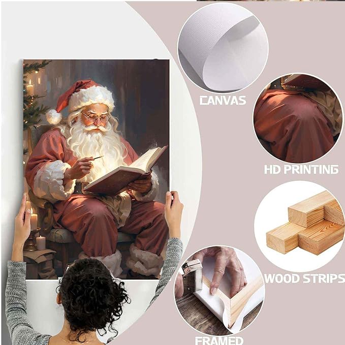 Framed Canvas Wall Art Vintage Christmas Wall Art Santa Writing Book Oil Painting Cottagecore Decor Academia Christmas Decor Winter Print 24x36in Wood Framed