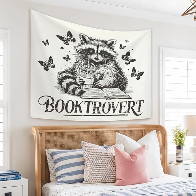 STHTTSW Reading Tapestry, Classroom Booktrovert Raccoon, Bookish Wall Hanging Decor for Dorm Bedroom 50x60 Inch