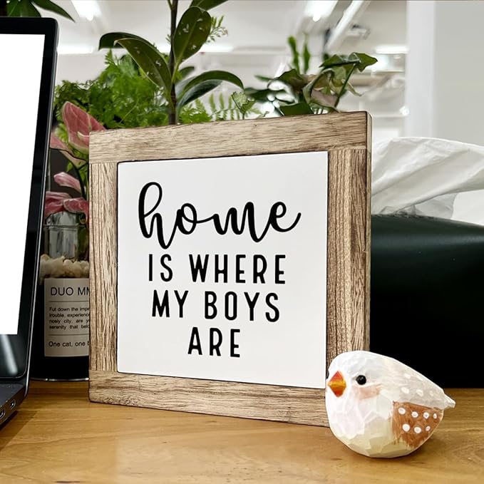 Farmhouse Table Sign, Small Wooden Plaque, Wooden Box Signs for Home Decor, Housewarming Gift, Mom Gift for Mother's Day, Holidays, Home is Where My Boys Are Sign 5.9×5.9×0.7inches