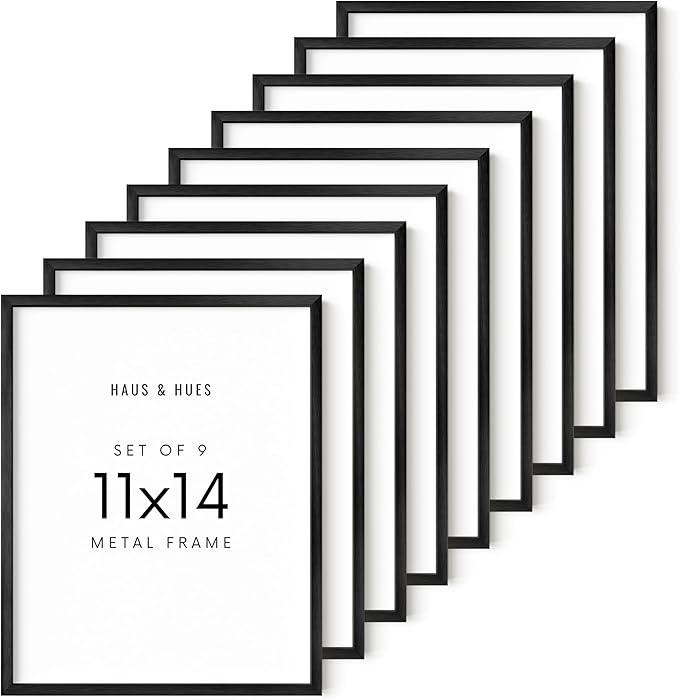 HAUS AND HUES 11x14 Black Metal Picture Frames - Features Premium Aluminum & Hanging Hardware, Shatterproof Plexiglass - Ideal for Home, Room, Office (11x14 in, Black, Set of 9)