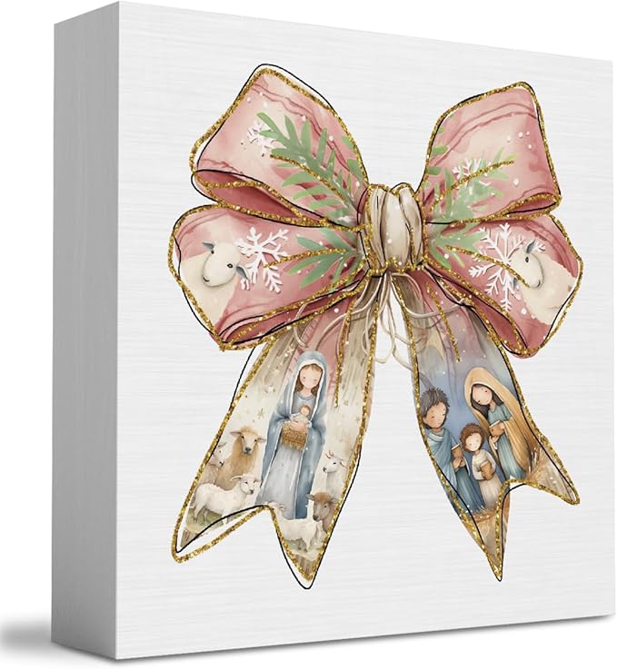 Pink Jesus Christmas Coquette Bow Decor, Pink Christmas Decorations Home Office Decor for Table Shelf 5 x 5 inch