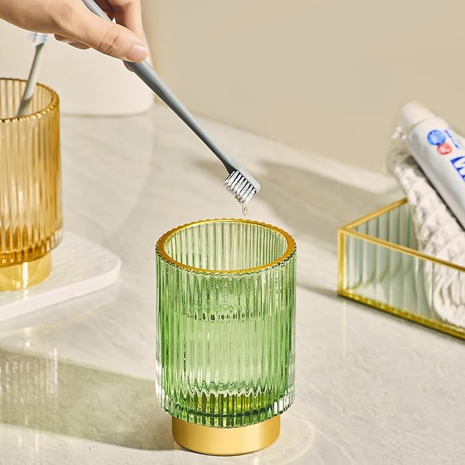 Makeup Brush Holder Organizer,Toothbrush Holders,Desk Pen Pencil Holder,Multifunctional Vintage Glass Brush Cup（S+L/Green/A3-1-US）