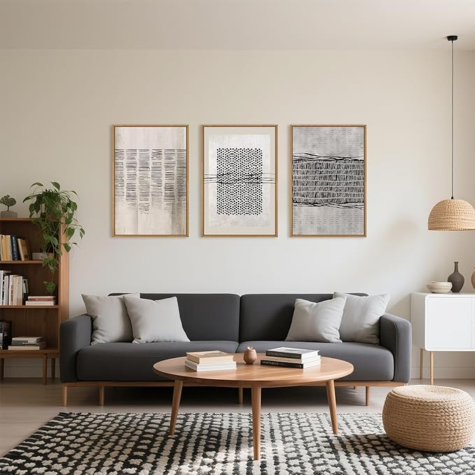Large Abstract Black and Beige Framed Canvas Wall Art,Minimalist Geometric Lines Wall Decor,Cozy Neutral Shapes Artwork,Modern Lines Dots Art Print for Living Room,Bedroom,Office- 16"x24"x3