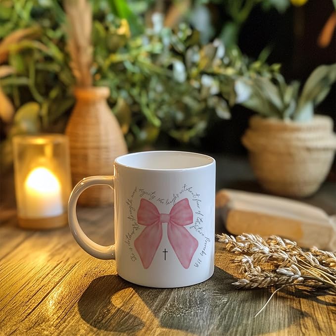 Christian Bible Verse Pink Bow Coffee Mugs for Women, Coquette Encouragement Inspirational Christian Gifts for Women, She Is Clothed With Strength and Dignity Mug, 11oz Ceramic Cup White