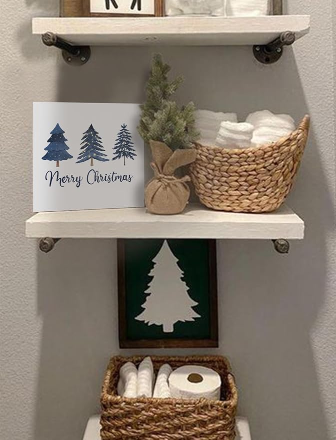 Navy Blue Christmas Tree Wooden Box Sign, Blue Christmas Decor, Rustic Merry Xmas Tree Winter Holiday Wood Signs for Home Office Desk Shelf Tabletop Decor, 5x5 Inch Decorative Signage