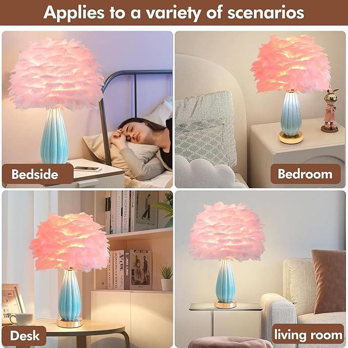 Pink Feather Table Lamp Creative Bedside Feather Lamp Simple Goose Furry Nightstand Light Fluffy Desk Lighting for Girl Bedroom Living Room Decoration Wedding Romantic Atmosphere