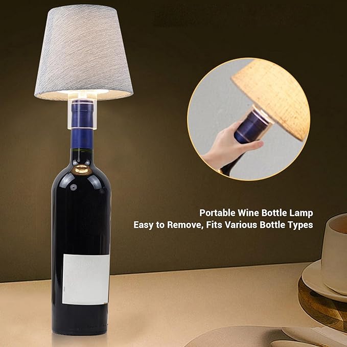 LED Wine Bottle Desk Lamp, Rechargeable Fabric Wireless Bottle Lamp with Shade, Portable Light for Bedside Bar Table, Romantic Ambiance