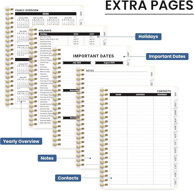 2026 Planner, Weekly and Monthly Calendar Planner for Women, Jan 2026 - Dec 2026, Hardcover Planning Agenda book with Tabs, Spiral Bound, Inner Pocket, Perfect for School Office Supplies, 6.3" x 8.5" - Blue Elegance