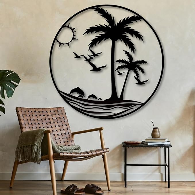 Palm Tree Metal Wall Decor,Palm Tree Outdoor Wall Art,Tropical Palm Tree Wall Decorations for Living Room,Outdoor Wall Decorations for House(24"x24"/60x60 cm, White)