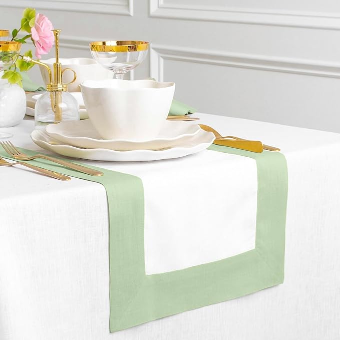 Solino Home Linen Table Runner 72 Inches Long - 100% Pure Linen Light Green and White Dining Table Runner 14 x 72 Inch for Spring, St Patricks Day, Easter - Contempo