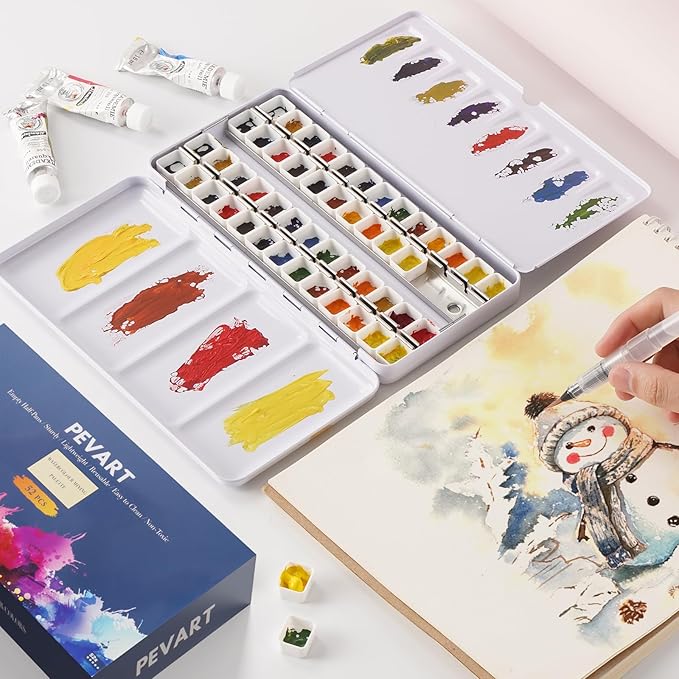 PEVART Empty Watercolor Paint Palette case,Metal Water Color Tin Box with 52 Empty Half Pans and Fold-out Mixing Painting Tray-Portable Travel Watercolor Palette, Plain Air painting