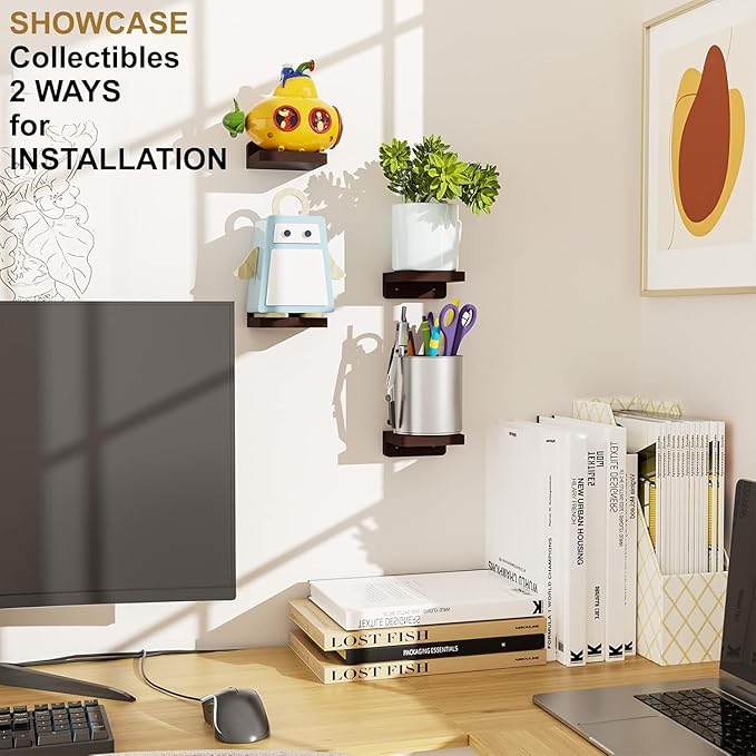 SRIWATANA Small Floating Shelves Wall Mounted, Wood Shelf for Decoration and Storage Set of 4, Mini Display Shelf for Bedroom, Bathroom, Kitchen, Office (Walnut, 4 inch)