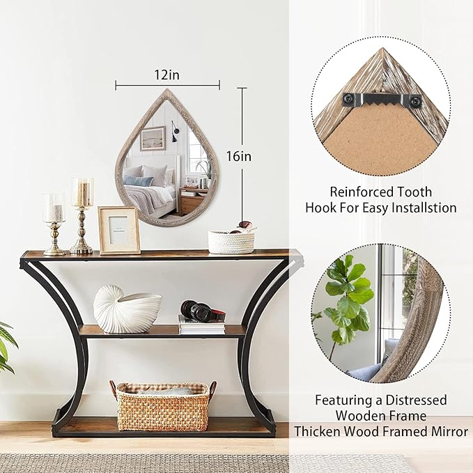 Small Mirror for Wall Solid Wood Bathroom Mirror Farmhouse Teardrop Wall Hanging Mirrors Decorative for Entryway Hallway Living Room Bedroom Retro Brown