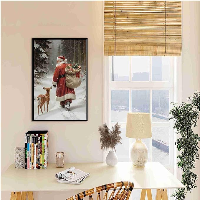 Framed Canvas Wall Art Vintage Santa Claus Print Christmas Wall Art Reindeer Painting Christmas Holiday Decor Winter Forest Painting 24x36in Metal blackFramed