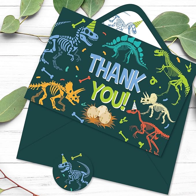 36 Pack Dinosaur Thank You Cards Greeting Cards with Envelopes Stickers Dark Green Dinosaur Skeleton Blank Note Card for Birthday Baby Shower Party Supplies