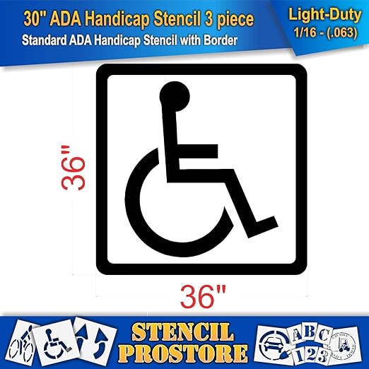 Stencil ProStore Parking Lot 30" Handicap Stencil - 3pc Set - 36" x 36" - 1/16" (63 mil) Light-Duty LDPE Plastic - ADA Compliant