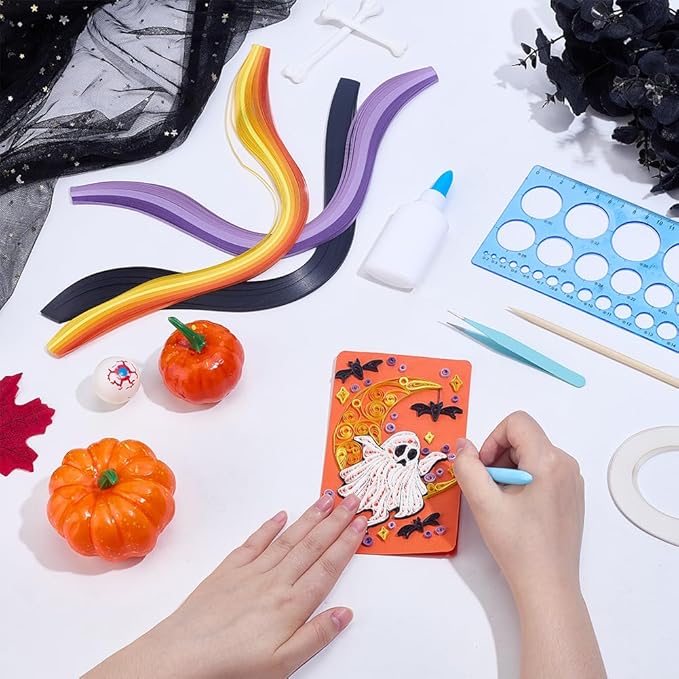 WEBEEDY 20 Sets Halloween Paper Quilling Kit for Adult Beginner 5 Styles Witches Pumpkins Ghosts Bats Black Cats Greeting Card Making Kit with Instruction Handmade Quilling Card for Halloween Decor