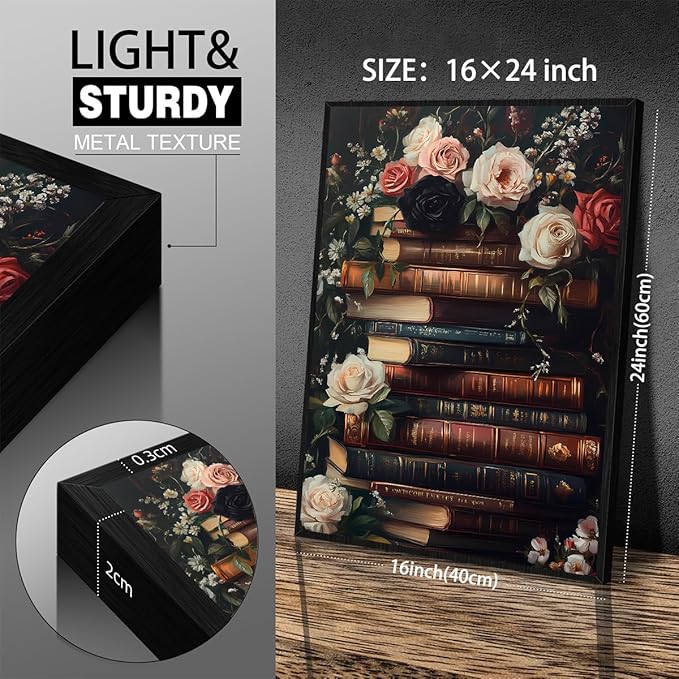 Dark Academia Book Canvas Posters Moody Botanical Floral Wall Art Vintage Antique Victorian Aesthetic Oil Painting 16X24 inch Black Framed for Gallery Library Wall Decor