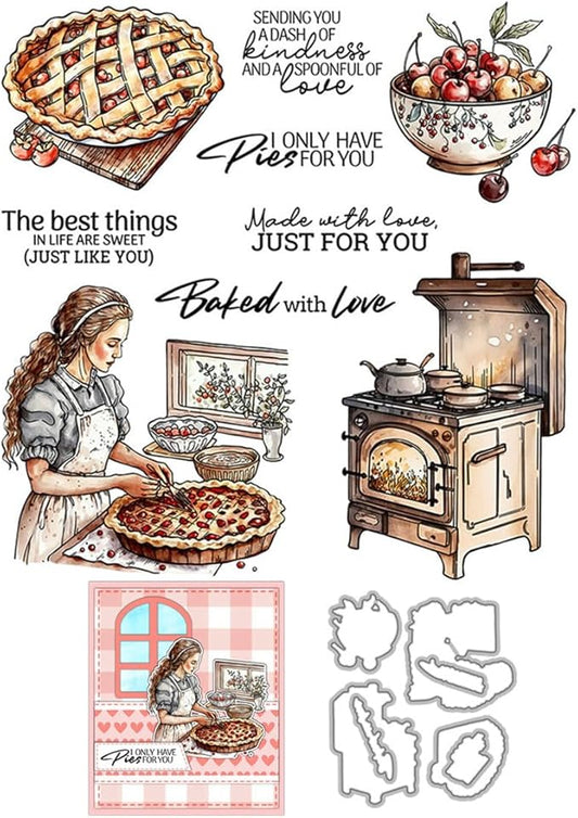 Baked Pizza Cherries Stamps and Cutting Dies for Card Making DIY Transparent Silicone Clear Stamp and Metal Die Cuts Sets for Scrapbooking Paper Greeting Cards Decor Seals Craft Supplies