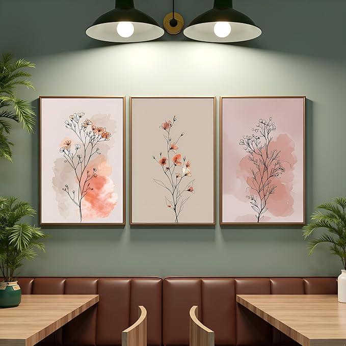 okudolit Boho Vintage Flower Wall Art Set of 3 Minimalist Floral Botanical Prints Rustic Wildflower Wall Decor Beige and Pink Neutral Plant Painting for Living Room Bedroom Office-16x24in