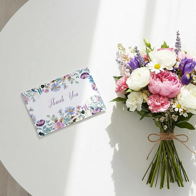 20PCs, Premium Floral Surrounded Thank You Cards with Envelopes - Elegant Flowers, Blank Inside with Glitter Seals, 4 * 6 inch.