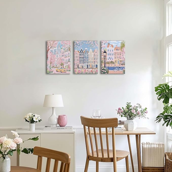 XLARTMY Watercolor City Landscape Travel Wall Art Canvas Framed Pink Cherry Flower Poster Girly Prints Painting Pictures Set of 3 for Bedroom Living Room Office 12x16in