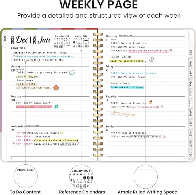 2026 Planner, Monthly and Weekly Calendar Planner for Women, Jan 2026 - Dec 2026, Hardcover Pretty 2026 Agenda Planner Book with Tabs, Spiral Bound, Perfect for School Office Home Supplies, 6.3" x 8.5" - Color Column