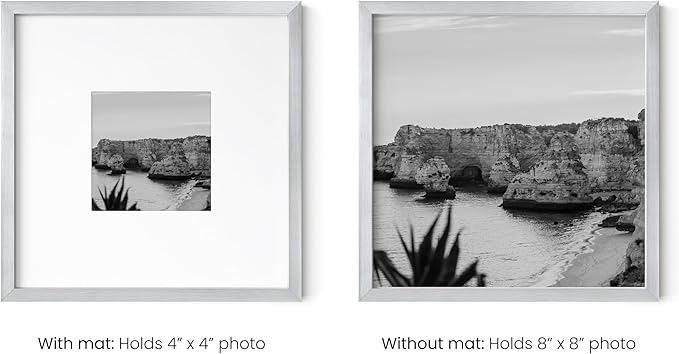 HAUS AND HUES 8x8 Silver Metal Picture Frames Matted to 4x4 - Features Premium Aluminum & Hanging Hardware, Shatterproof Plexiglass - Ideal for Home, Room, Office (8x8 in, Silver, Set of 25)
