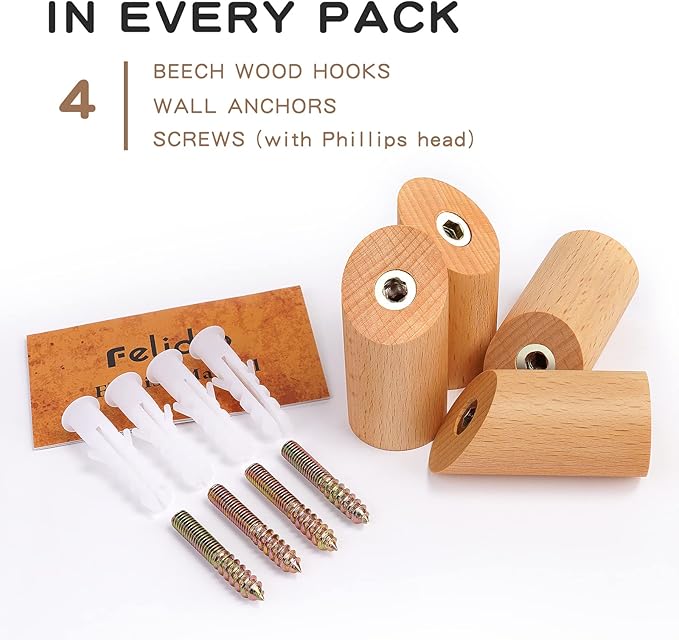 Wall Hook 4 Pack, Wood Coat Hat Hooks Wall Mounted, Modern Wooden Hooks for Hanging Coats Towels Planter Hanger Robe Hook Entryway Wall Coat Rack (Beech Wood)