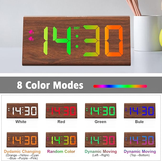 Wooden Digital Alarm Clock with Dual USB Charging Ports, DST, Dimmable, Snooze, RGB Colors, Modern Large Time Display LED Clock for Kids Bedrooms, Living Room, Desk, Table, Bedside, Nightstand (Brown)